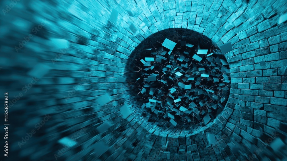 Poster a swirling vortex of digital blocks appears to cascade into a dark, circular abyss, illuminated by a
