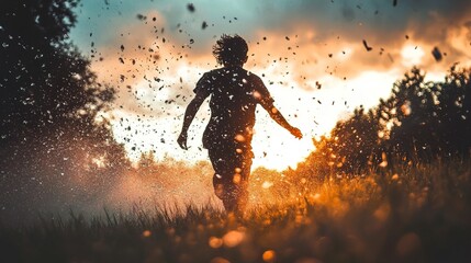 Fototapeta premium Sunset Runner: A Silhouette of Freedom and Joy