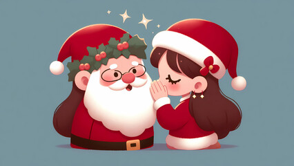 Cute Girl Sharing Secrets with Santa Claus on Christmas Eve