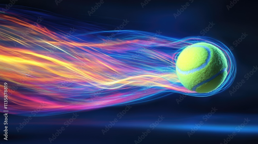 Poster dynamic motion of a tennis ball with colorful trails representing speed and energy in a digital artw