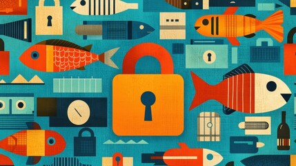 A colorful illustration featuring various fish and a prominent padlock, symbolizing security and creativity in a whimsical underwater theme.