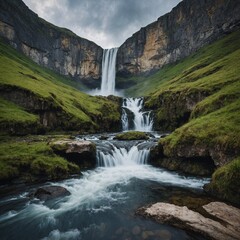 A valley with cascading waterfalls tumbling from cliffs.