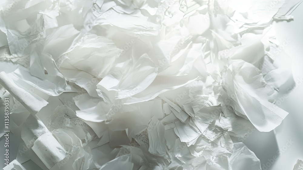 Poster elegant composition of shredded white paper and fabric textures creating a soothing abstract backgro