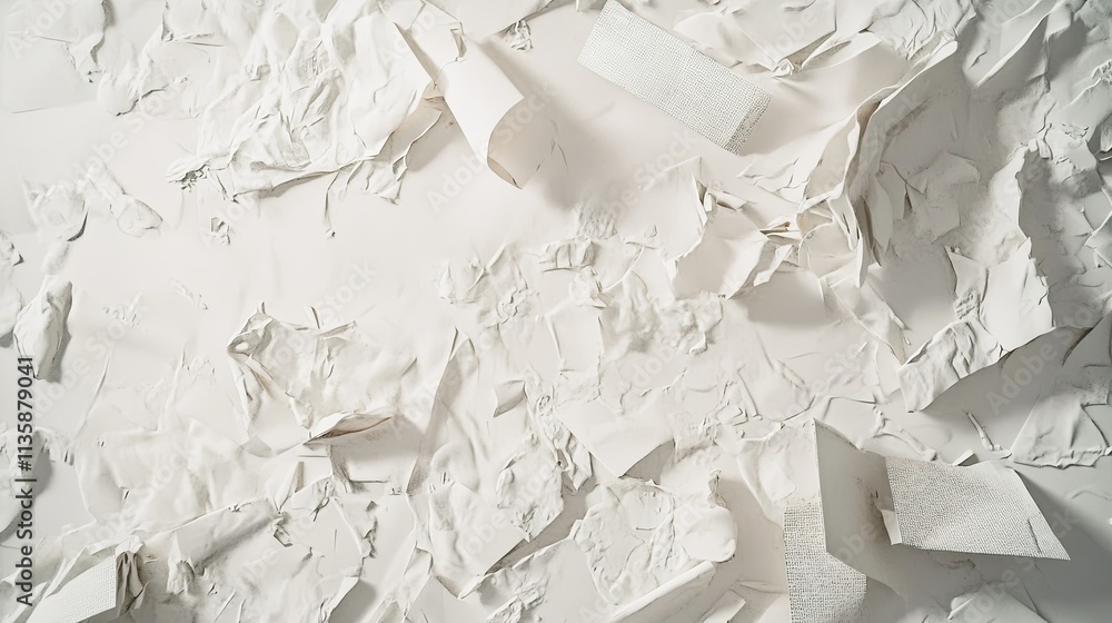 Poster abstract texture of torn white paper scraps and shredded pieces on a light background for creative a