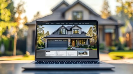 Laptop displays house website; home search online.