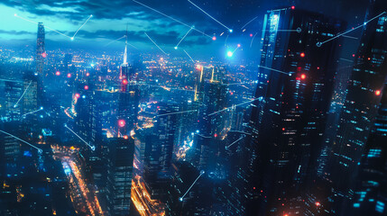 Obraz premium Smart digital Innovation city with connection network reciprocity over the cityscape. of future smart wireless digital city and social media networking systems that connects people with in city