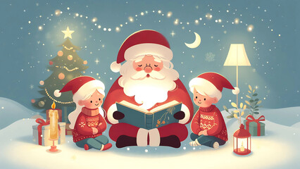 Santa Claus Reading Stories to Children by the Christmas Tree