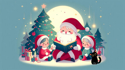 Santa Claus Reading a Magical Book with Children Under the Moonlight