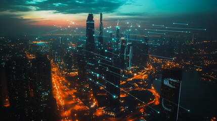 Obraz premium Smart digital Innovation city with connection network reciprocity over the cityscape. of future smart wireless digital city and social media networking systems that connects people with in city