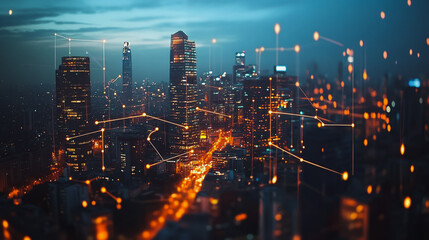 Obraz premium Smart digital Innovation city with connection network reciprocity over the cityscape. of future smart wireless digital city and social media networking systems that connects people with in city