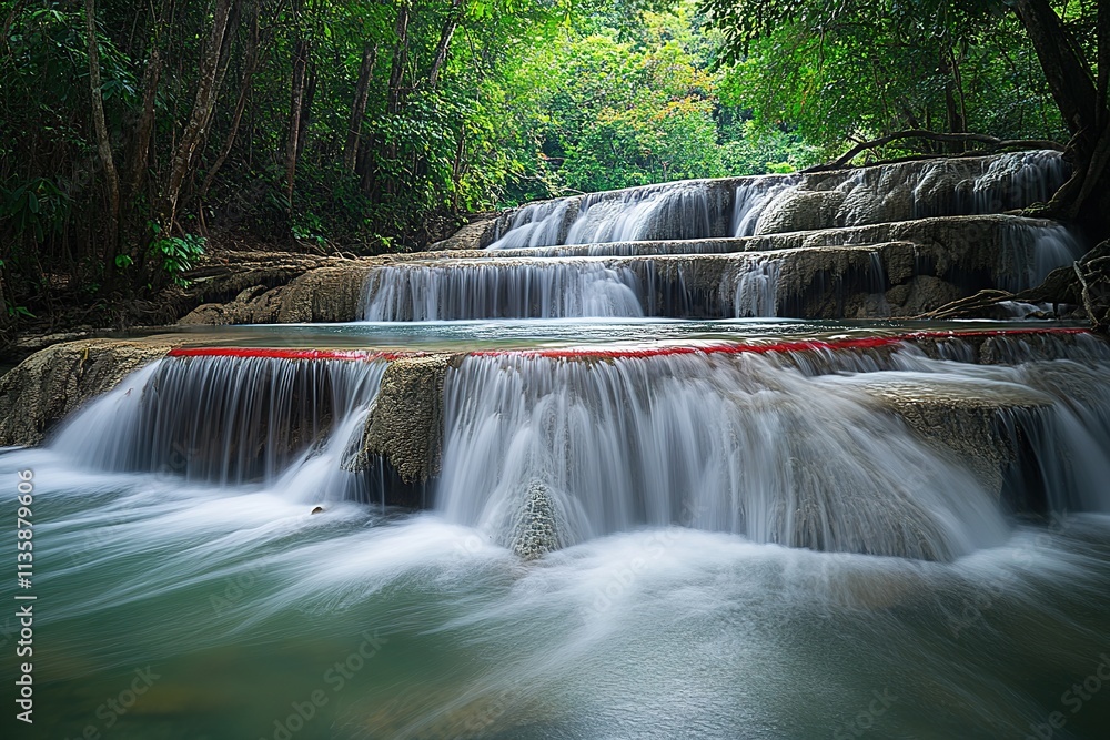 Poster waterfall photography session in jungle setting with participants experimenting with long exposure t