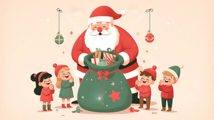 Santa Claus Bringing Gifts for Excited Children
