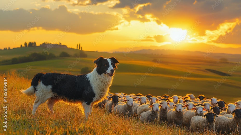 Poster a dog stands in a field with a herd of sheep