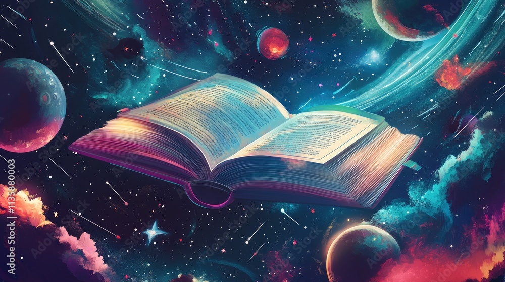 Poster an open book floating in deep space with colorful planets, stars, and nebulae representing imaginati
