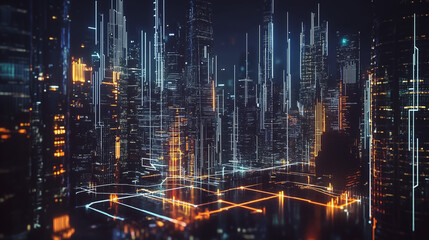 Smart digital Innovation city with connection network reciprocity over the cityscape. of future smart wireless digital city and social media networking systems that connects people with in city