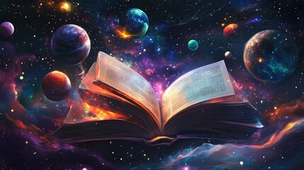 Dreamlike Cosmic Book Floating Amidst Colorful Planets in a mesmerizing Nebula, Illustrating the Wonders of Imagination and the Universe's Mysteries