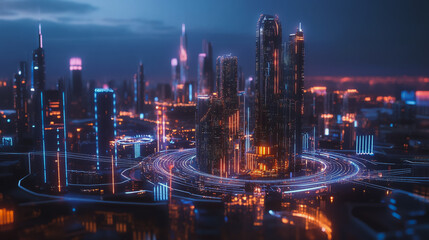 Fototapeta premium Smart digital Innovation city with connection network reciprocity over the cityscape. of future smart wireless digital city and social media networking systems that connects people with in city