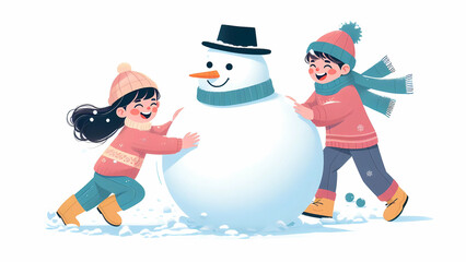 Two Happy Children Building a Giant Snowman in Winter Wonderland