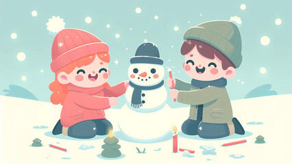 Happy Kids Decorating a Cute Snowman in a Festive Snowy Setting