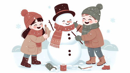 Two Happy Children Building a Smiling Snowman on a Snowy Day