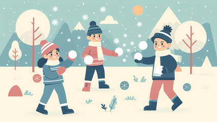 Cheerful Kids Enjoying a Snowball Fight in a Scenic Winter Wonderland