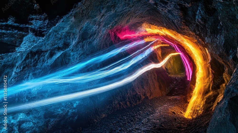 Poster colorful light trails in a mysterious cave tunnel with abstract patterns and dynamic movement captur