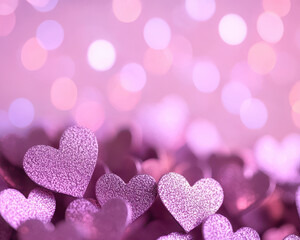 Fototapeta premium Magical purple heart bokeh with sparkling glitter hearts creating dreamy atmosphere. Perfect for romantic themes and celebrations