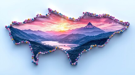 Bhutan Map Sunrise Landscape  Colorful Candy Frame  3D Render