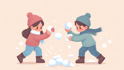Two Smiling Kids Throwing Snowballs in a Playful Winter Scene