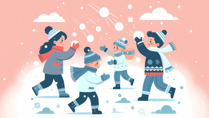 Children Playing a Snowball Fight Under a Warm Pink Winter Sky