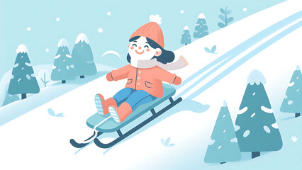Excited Girl Sledding Down a Snow-Covered Hill in Winter Wonderland