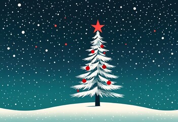 Obraz premium A stylized snow covered Christmas tree adorned with red ornaments stands under a falling snow backdrop. A red star tops the tree in this winter scene