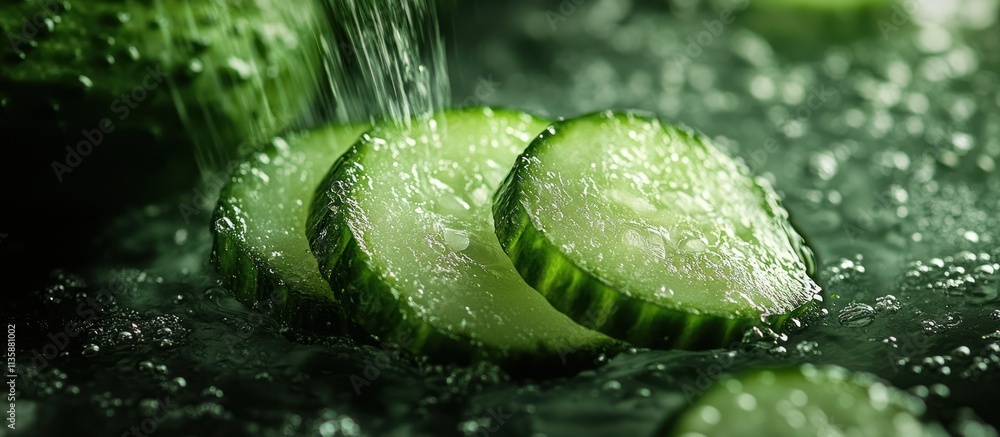 Poster close up of sliced cucumbers with water droplets, showcasing the refreshing nature of this fruit.