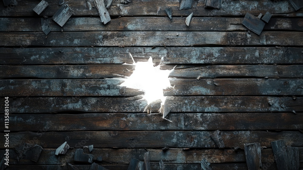 Poster a close-up view of a damaged wooden wall with a bright light penetrating through the cracked surface