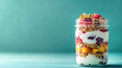 yogurt parfait in clear glass jar resting on deep teal background under soft studio lighting