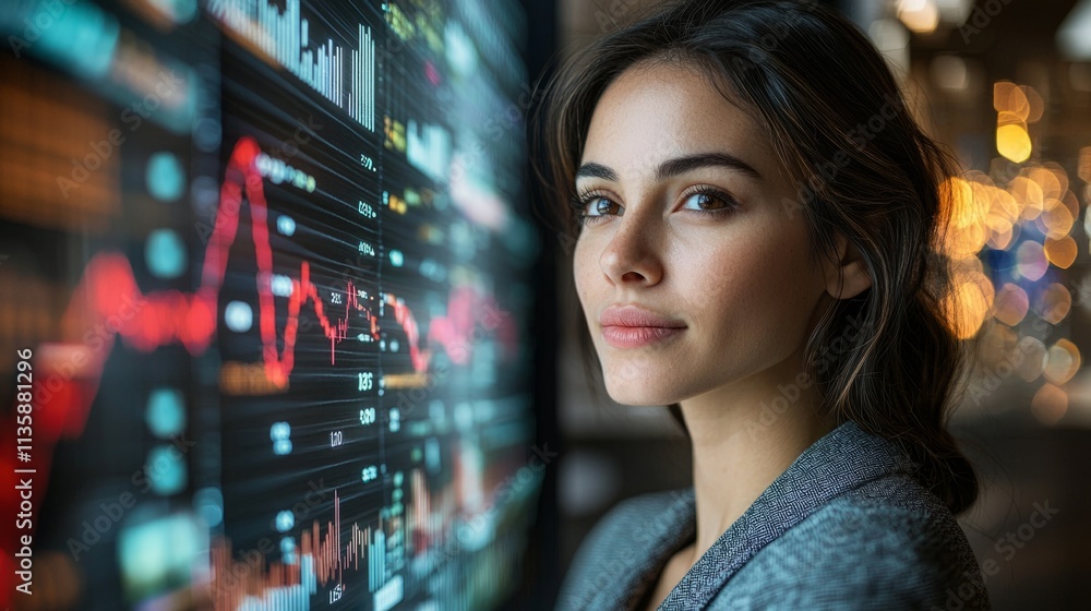 Poster a woman is standing in front of a computer monitor with a lot of numbers