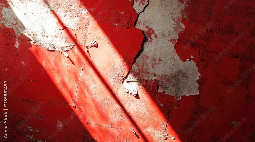 Poster weathered red wall with textured surface and sunlight casting intriguing shadows, highlighting layer