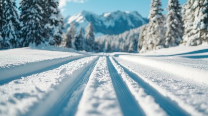 Close-up of Cross-Country Ski Tracks in a Snowy Forest