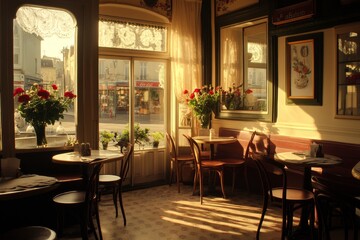 Fototapeta premium Cozy Café Interior with Warm Lighting and Flower Arrangements, Emphasizing Relaxation and Inviting Atmosphere for Gatherings and Personal Reflection