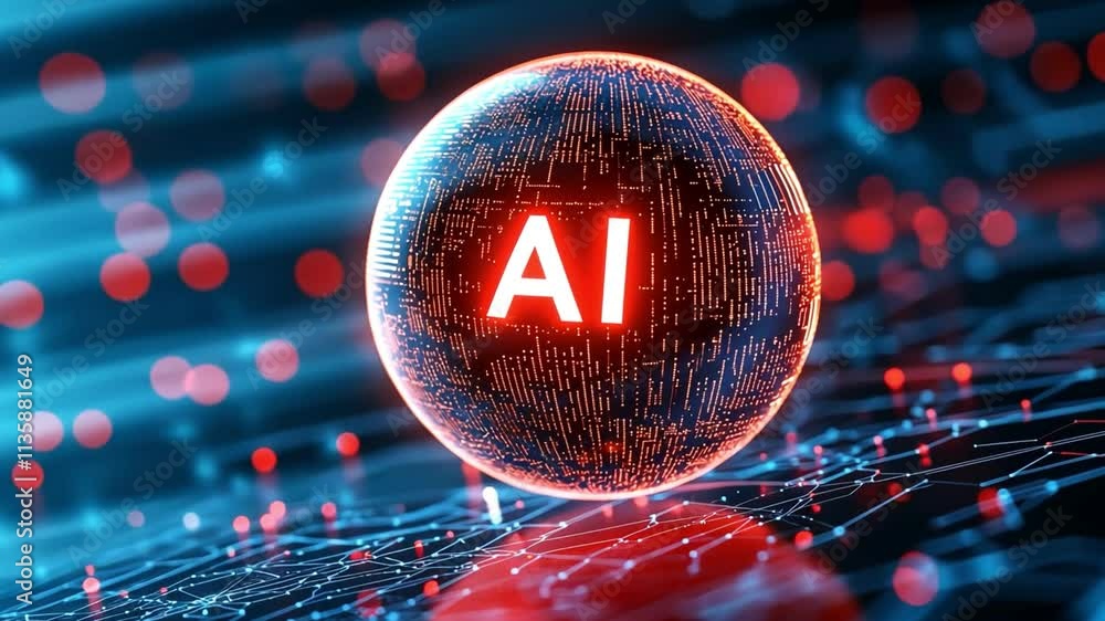 Poster glowing ai sphere on a digital background with glowing particles and vibrant colors.