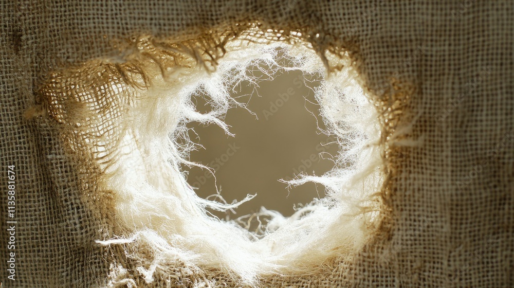 Poster close-up view of a torn natural fabric with raw edges and frayed fibers highlighting texture and imp