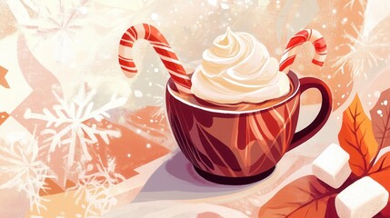 Steaming Hot Chocolate Mugs with Whipped Cream and Candy Canes, Festive Illustration