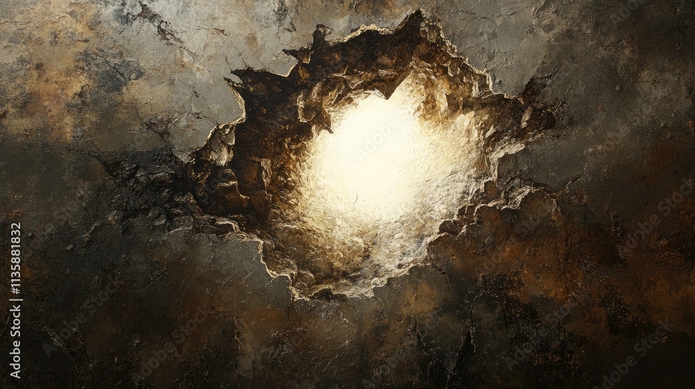 Poster abstract art of a circular hole in a wall with warm light emanating from the center, representing ho