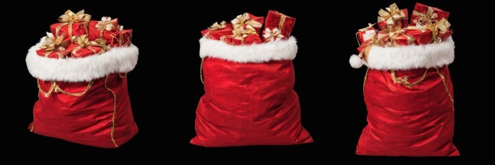 Red Santa Claus Sacks Filled with Presents on Black Background
