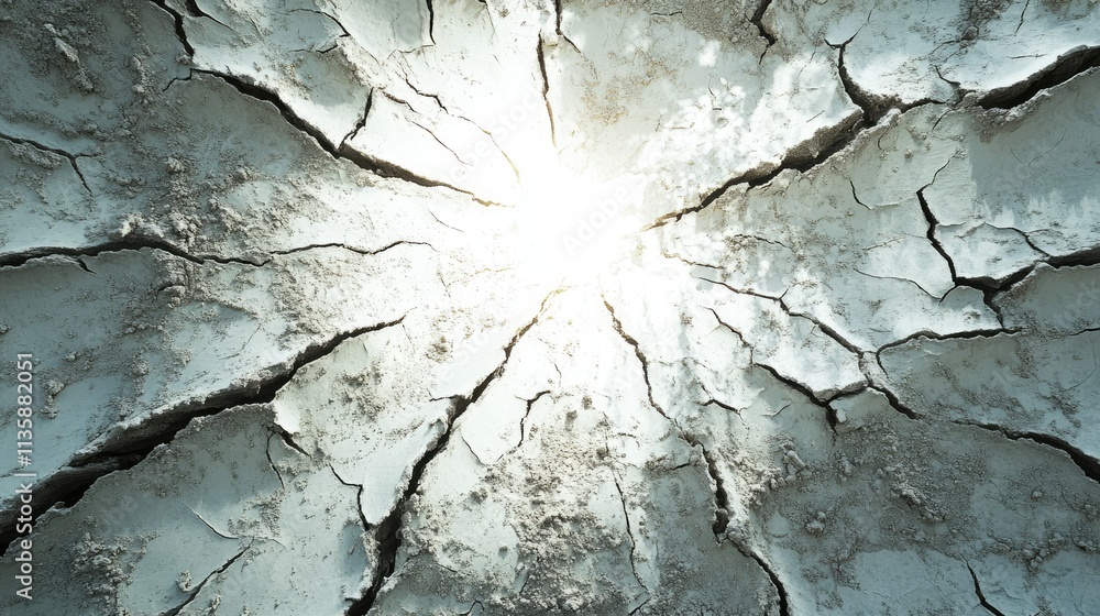 Poster cracked ground surface with bright light emanating from center creating a distinctive texture in a d