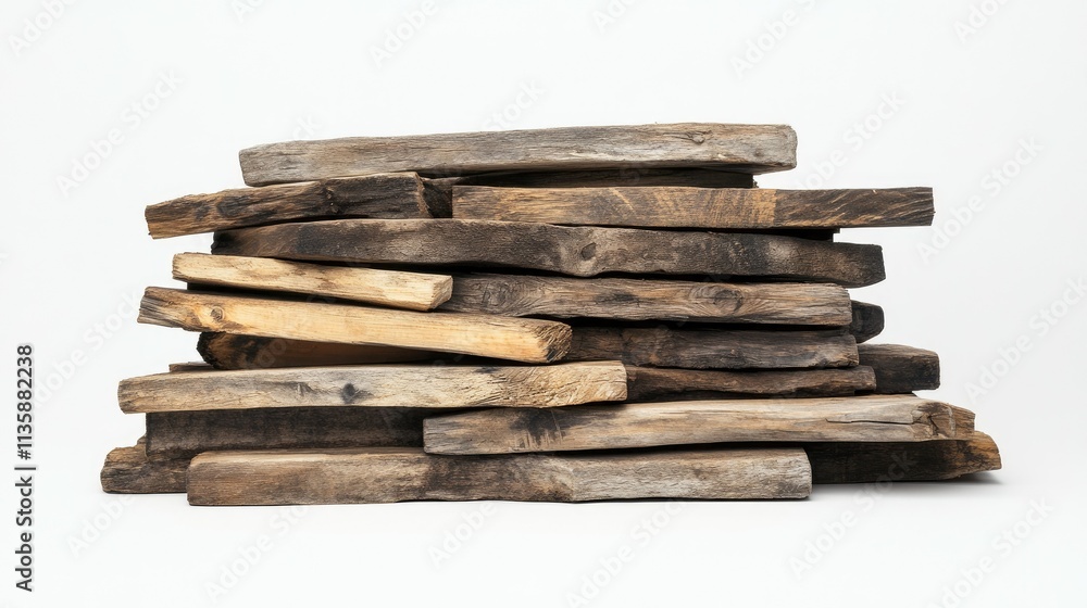Poster a pile of various wooden planks with different textures and tones displayed on a white background fo