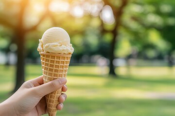 Delicious and Refreshing Ice Cream Cone in a Sunlit Park: Perfect Summer Treat Captured with a Hand Holding the Waffle Cone Surrounded by Lush Green Trees and Nature