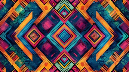 An abstract geometric design with a central diamond shape and repeating patterns in shades of orange, yellow, blue, green and red.