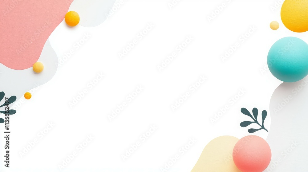 Poster A colorful abstract design with soft shapes and spheres, suitable for backgrounds or invitations.