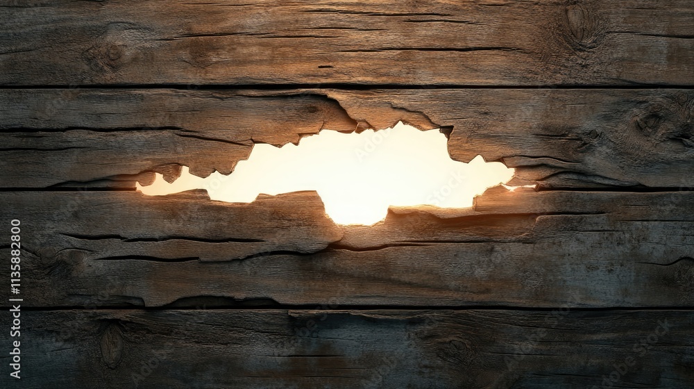 Poster Abstract light shining through a cracked wooden surface, creating a warm glow and unique texture with rich grain patterns on rustic plank background